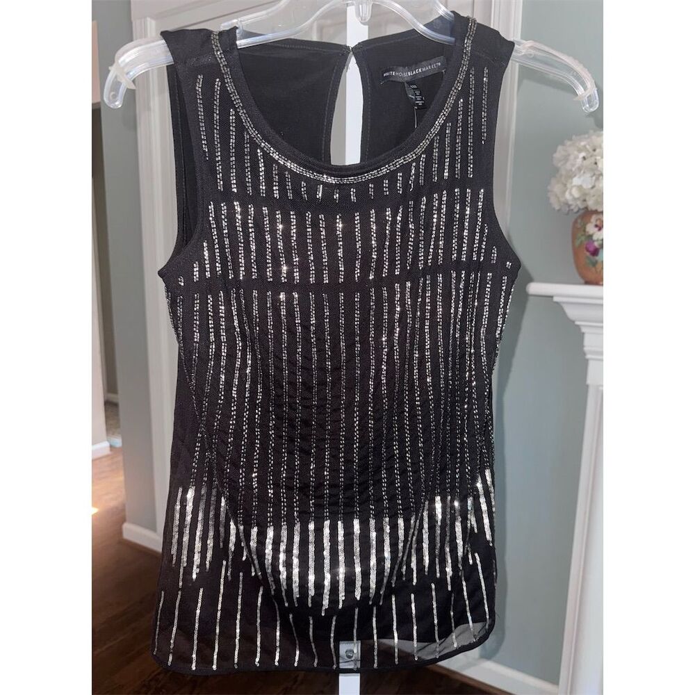 NWT White House Black Market Beaded Sleeveless Blouse Black XXS Party
